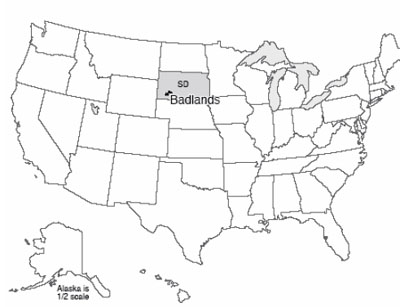 Map of U.S. with Badlands National Park highlighted in the southwestern quarter of South Dakota.